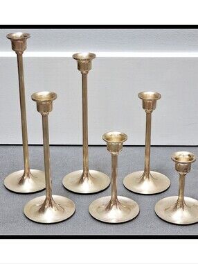 Set Of 6 MCM Vintage Solid Brass Stem Taper Candlestick Holders Graduated Height